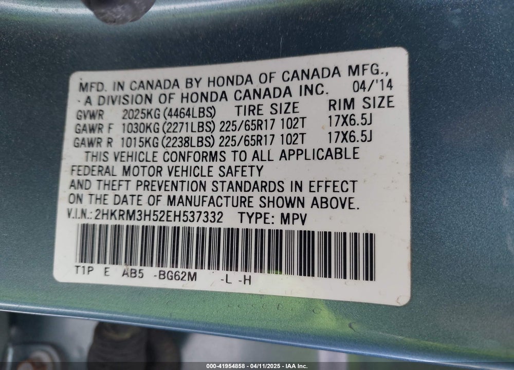 2014 HONDA CR-V VIN: 2HKRM3H52EH537332