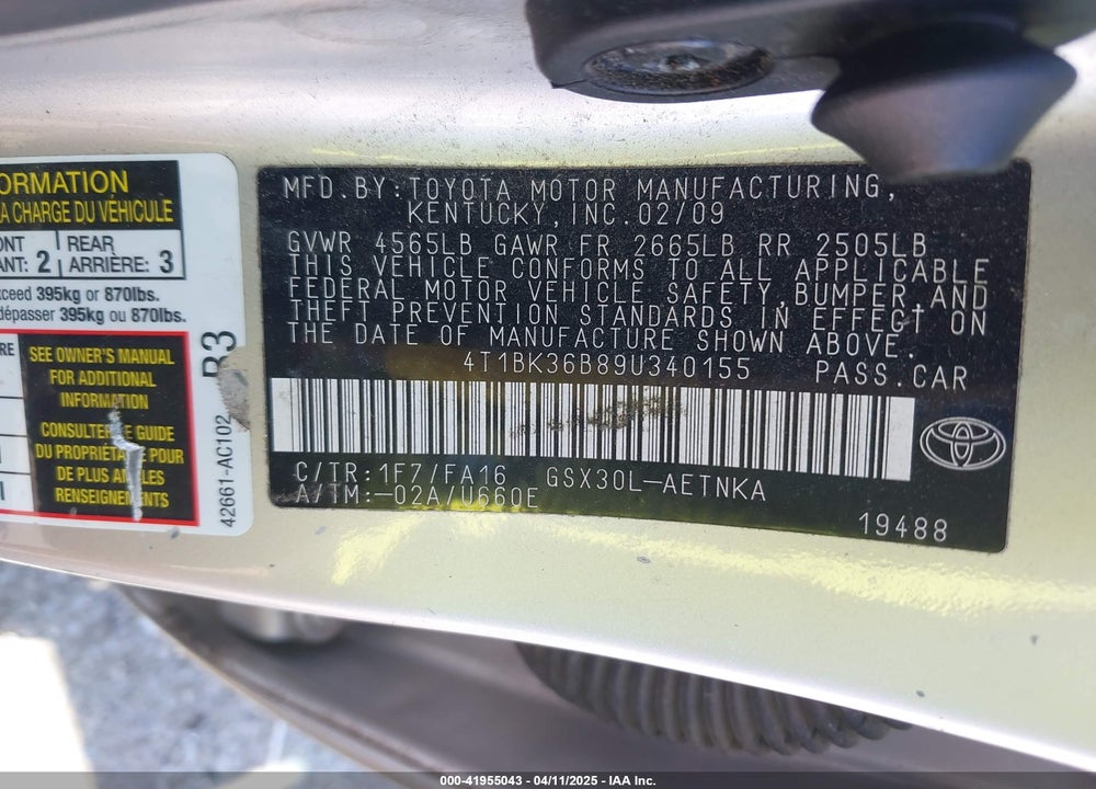 2009 TOYOTA AVALON VIN: 4T1BK36B89U340155
