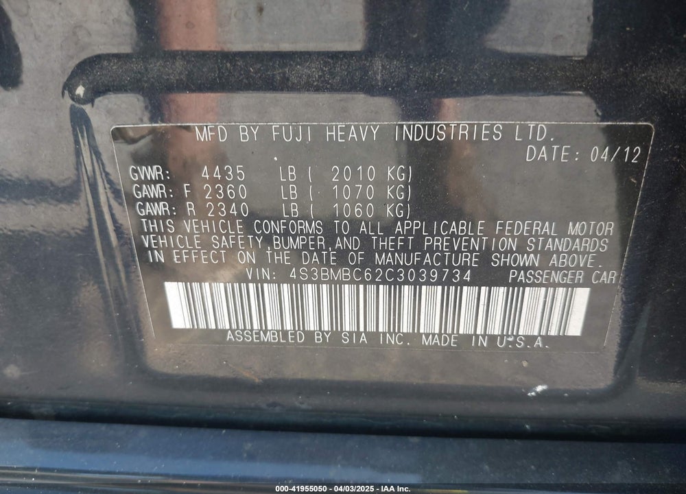 2012 SUBARU LEGACY VIN: 4S3BMBC62C3039734