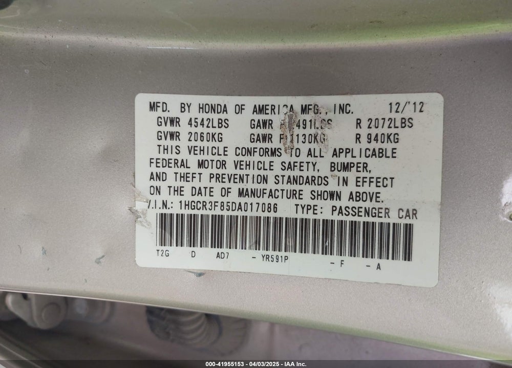 2013 HONDA ACCORD VIN: 1HGCR3F85DA017086