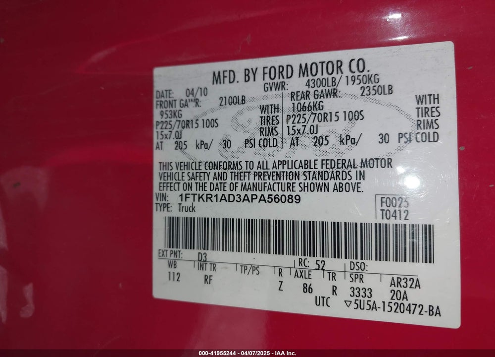 2010 FORD RANGER XL/XLT VIN: 1FTKR1AD3APA56089