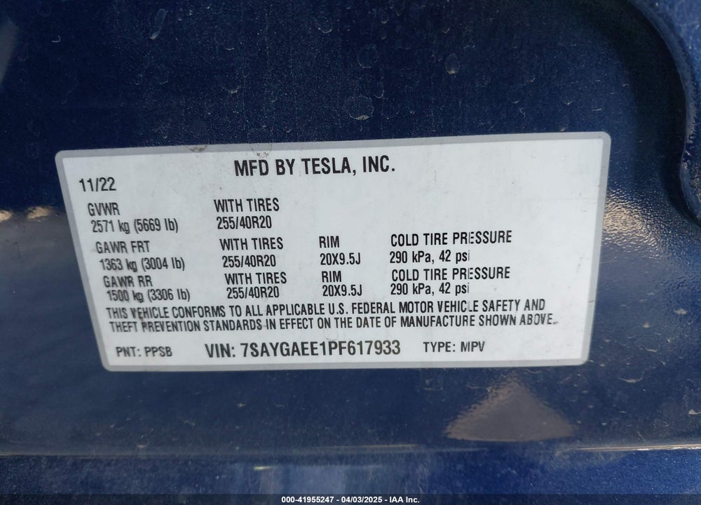 2023 TESLA MODEL Y AWD/LONG RANGE DUAL MOTOR ALL-WHEEL DRIVE VIN: 7SAYGAEE1PF617933