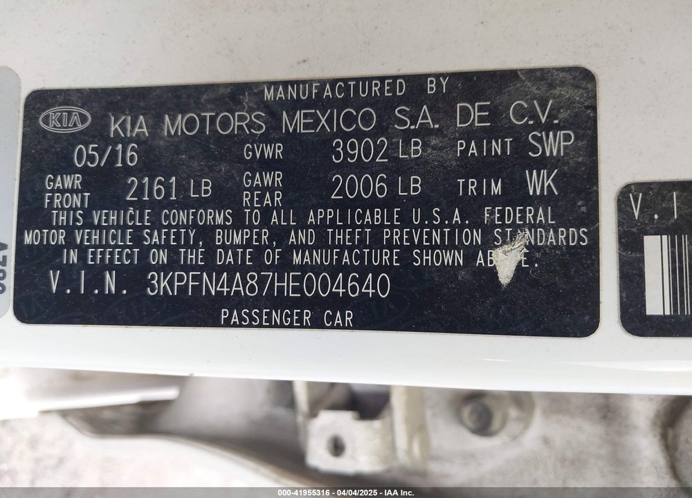 2017 KIA FORTE EX VIN: 3KPFN4A87HE004640