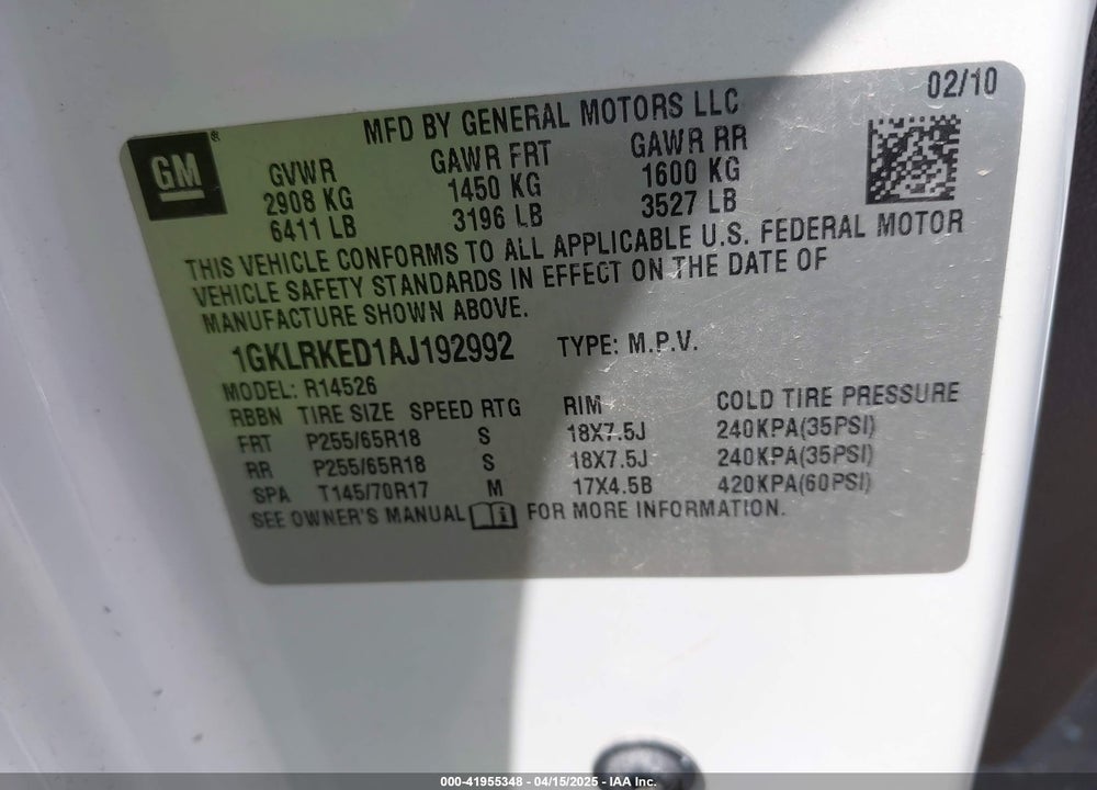 2010 GMC ACADIA VIN: 1GKLRKED1AJ192992