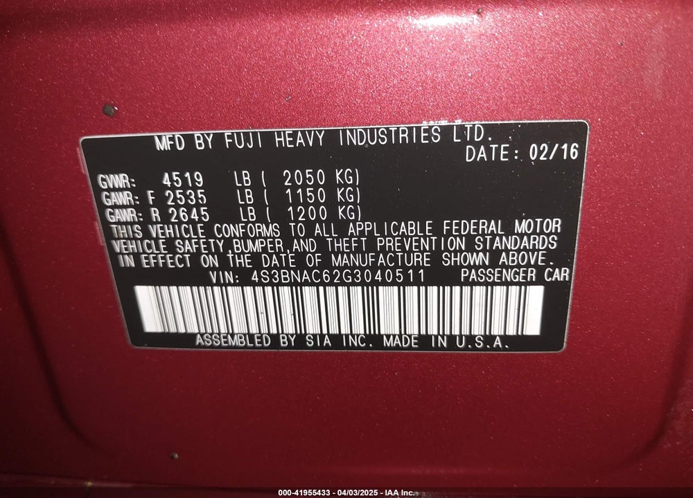 2016 SUBARU LEGACY 2.5I PREMIUM VIN: 4S3BNAC62G3040511