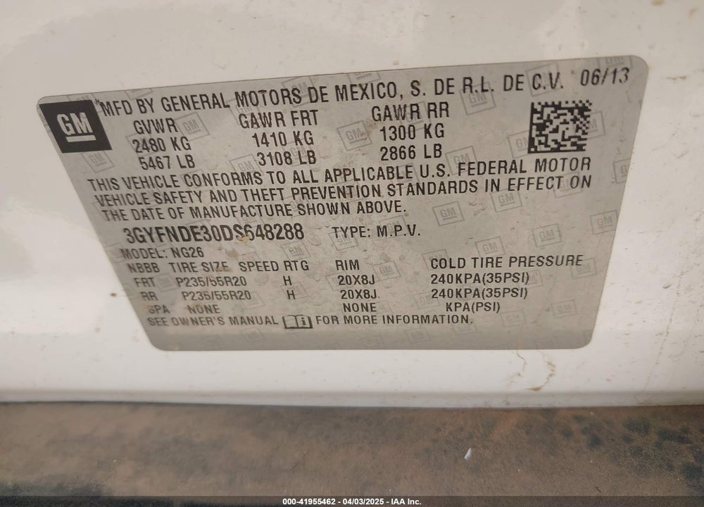 2013 CADILLAC SRX VIN: 3GYFNDE30DS648288