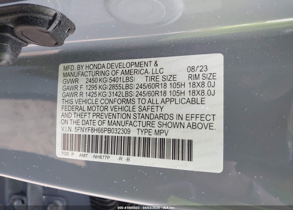 2023 HONDA PASSPORT VIN: 5FNYF8H66PB032309