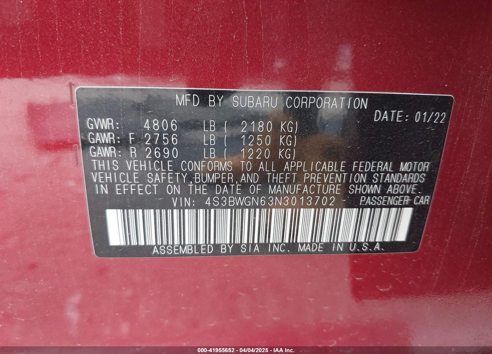 2022 SUBARU LEGACY LIMITED XT VIN: 4S3BWGN63N3013702