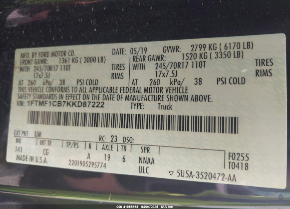 2019 FORD F-150 XL VIN: 1FTMF1CB7KKD87222