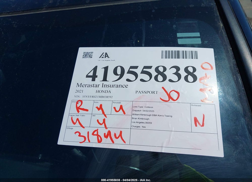 2021 HONDA PASSPORT VIN: 5FNYF8H21MB038592