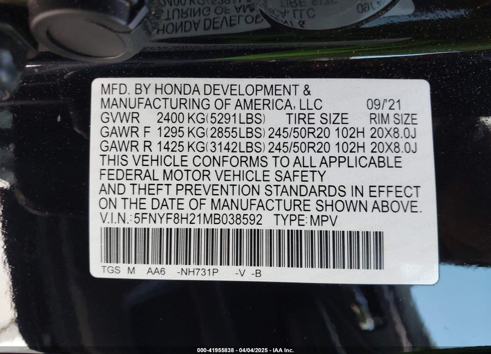 2021 HONDA PASSPORT VIN: 5FNYF8H21MB038592