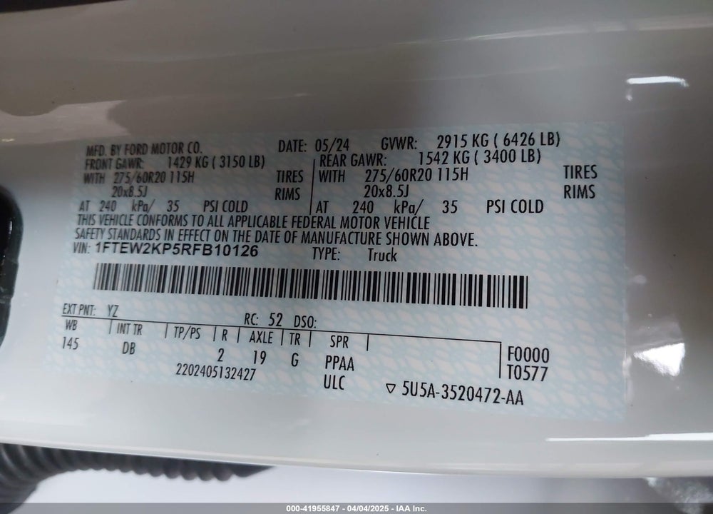 2024 FORD F-150 VIN: 1FTEW2KP5RFB10126