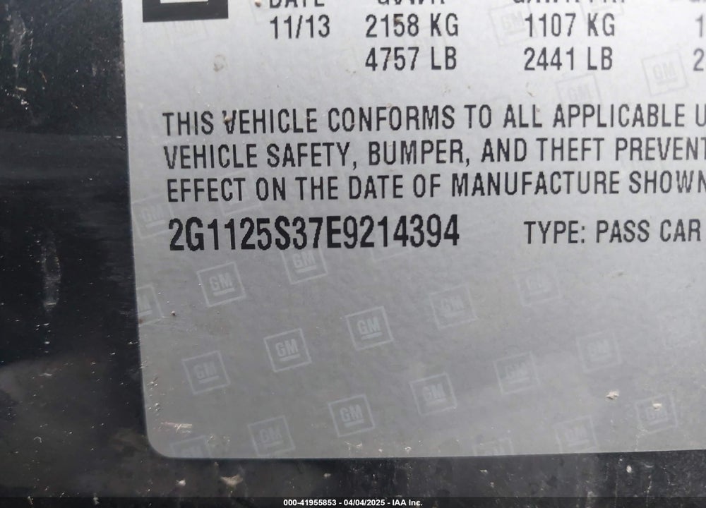 2014 CHEVROLET IMPALA VIN: 2G1125S37E9214394