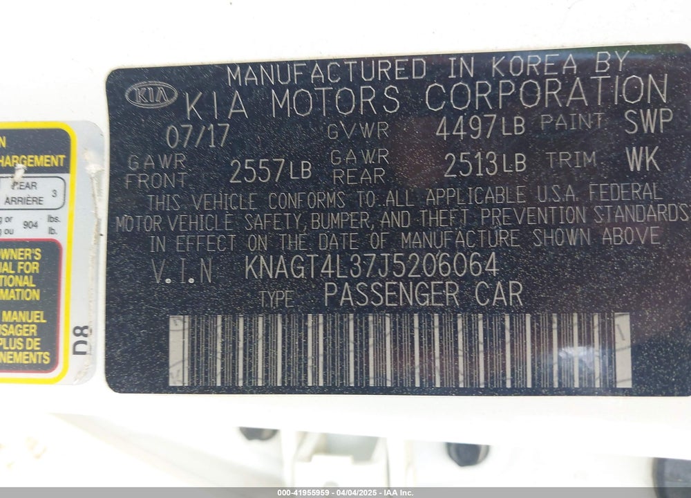2018 KIA OPTIMA VIN: KNAGT4L37J5206064