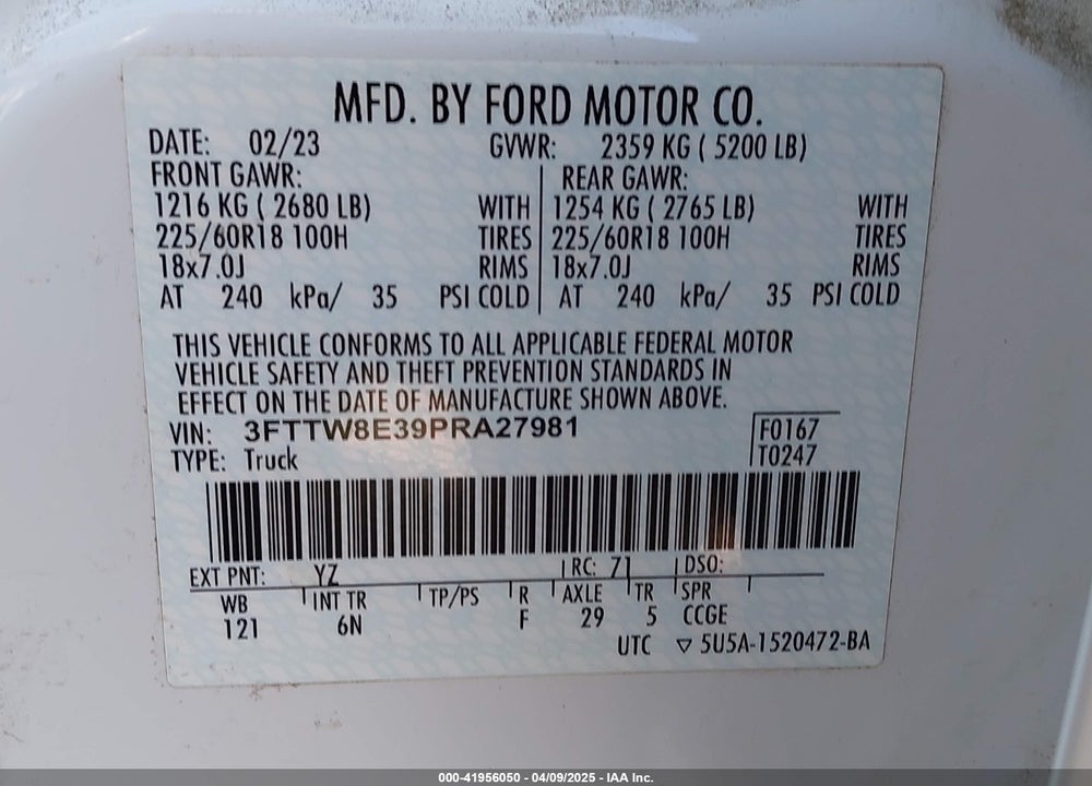2023 FORD MAVERICK LARIAT VIN: 3FTTW8E39PRA27981