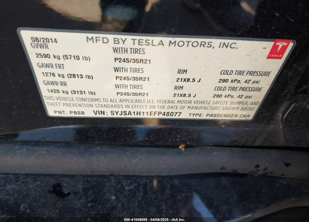 2014 TESLA MODEL S VIN: 5YJSA1H11EFP48077