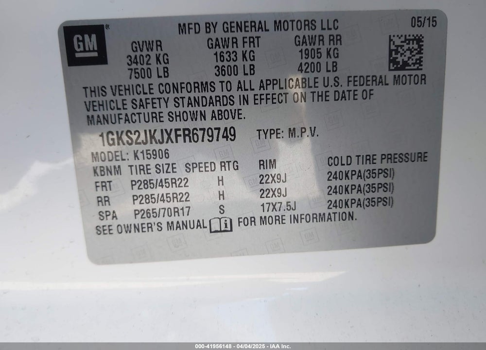 2015 GMC YUKON XL 1500 VIN: 1GKS2JKJXFR679749