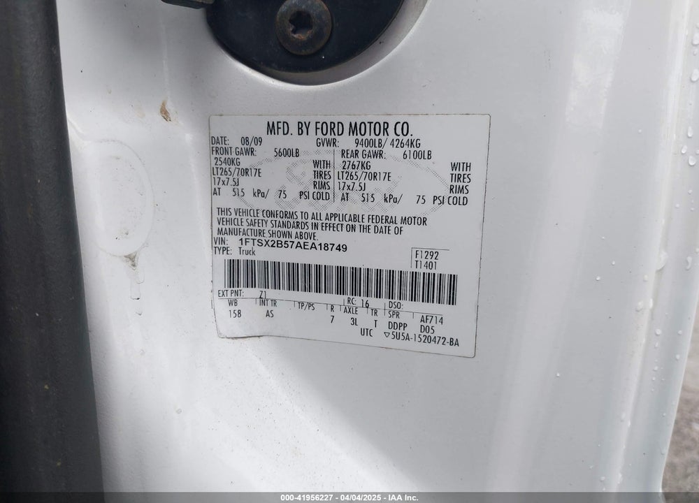 2010 FORD F-250 VIN: 1FTSX2B57AEA18749