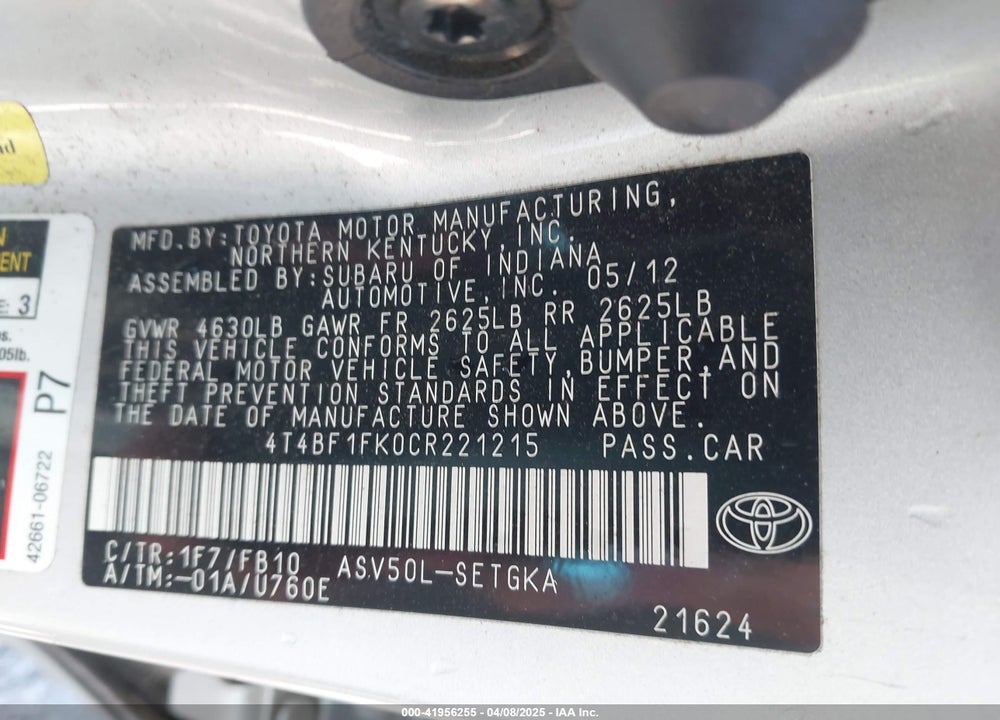 2012 TOYOTA CAMRY XLE VIN: 4T4BF1FK0CR221215