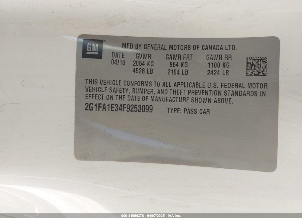 2015 CHEVROLET CAMARO 1LS VIN: 2G1FA1E34F9253099