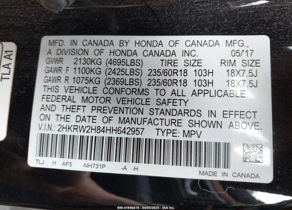 2017 HONDA CR-V VIN: 2HKRW2H84HH642957