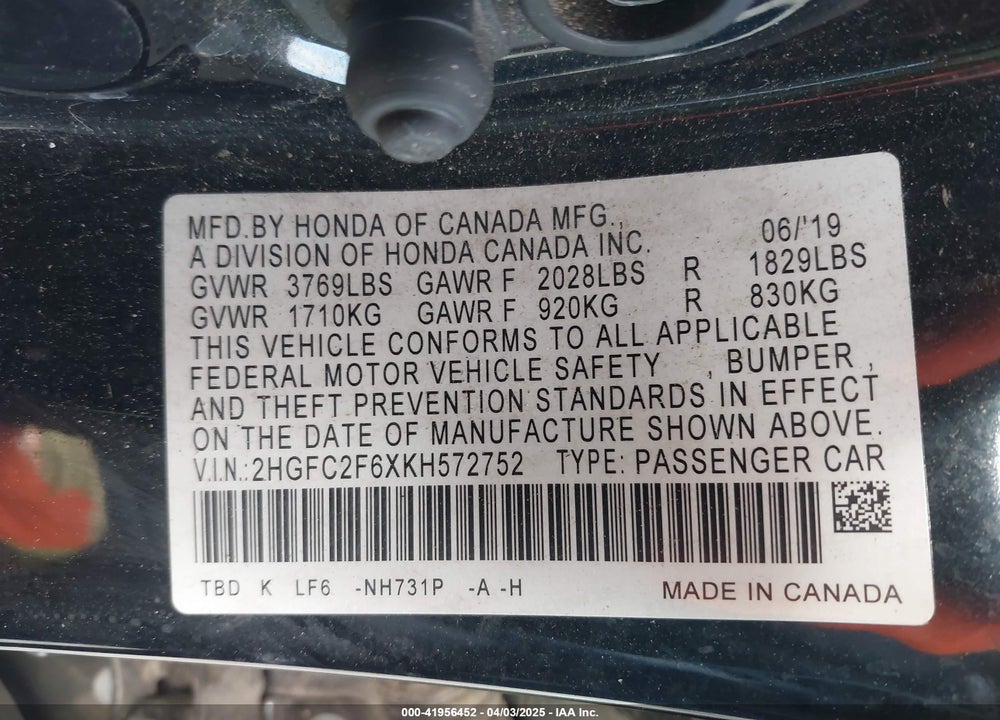2019 HONDA CIVIC LX VIN: 2HGFC2F6XKH572752