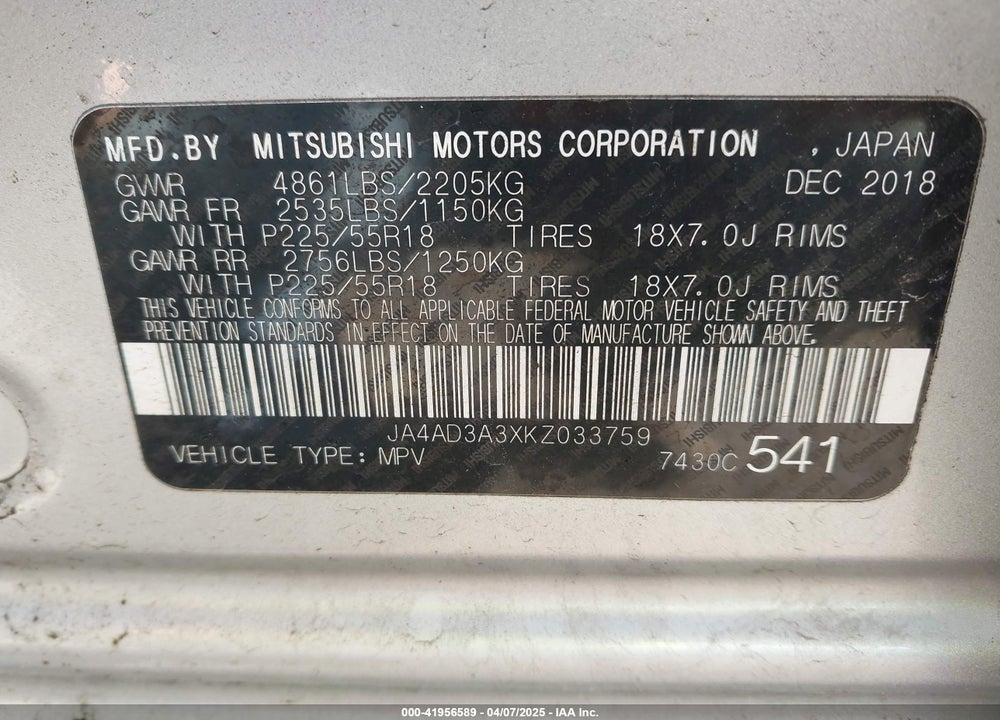 2019 MITSUBISHI OUTLANDER SE VIN: JA4AD3A3XKZ033759