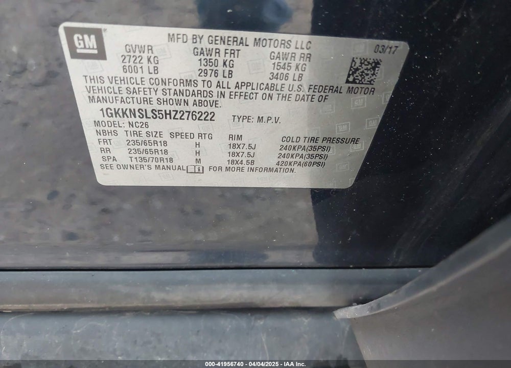 2017 GMC ACADIA VIN: 1GKKNSLS5HZ276222