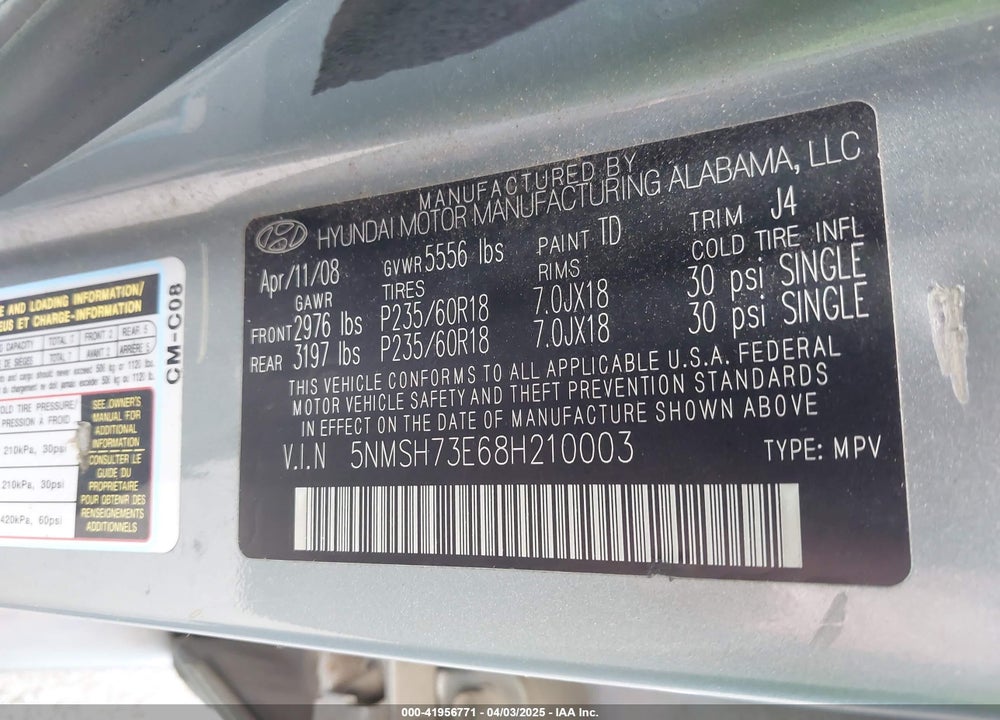 2008 HYUNDAI SANTA FE SE/LIMITED VIN: 5NMSH73E68H210003