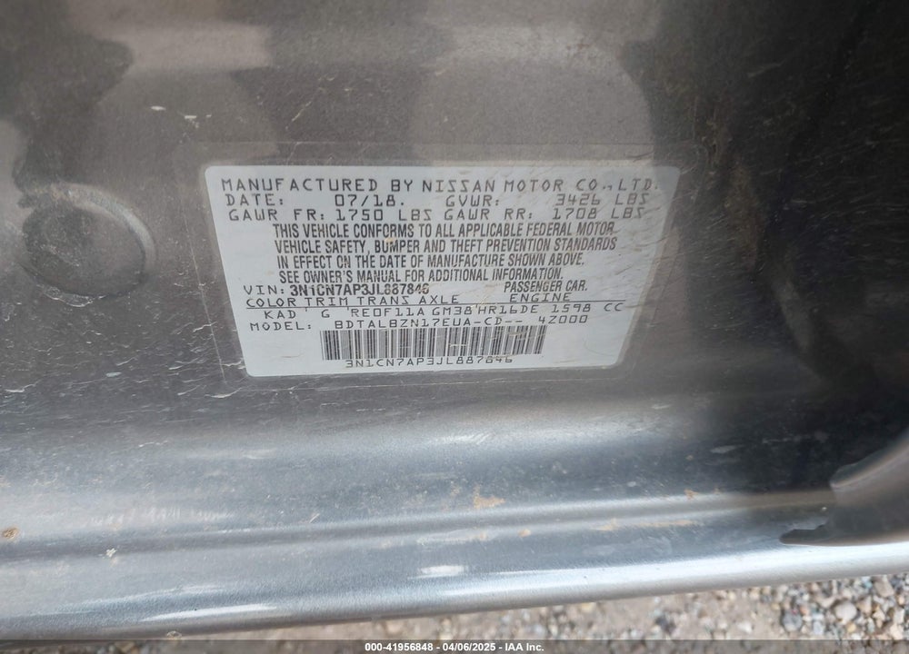 2018 NISSAN VERSA VIN: 3N1CN7AP3JL887846