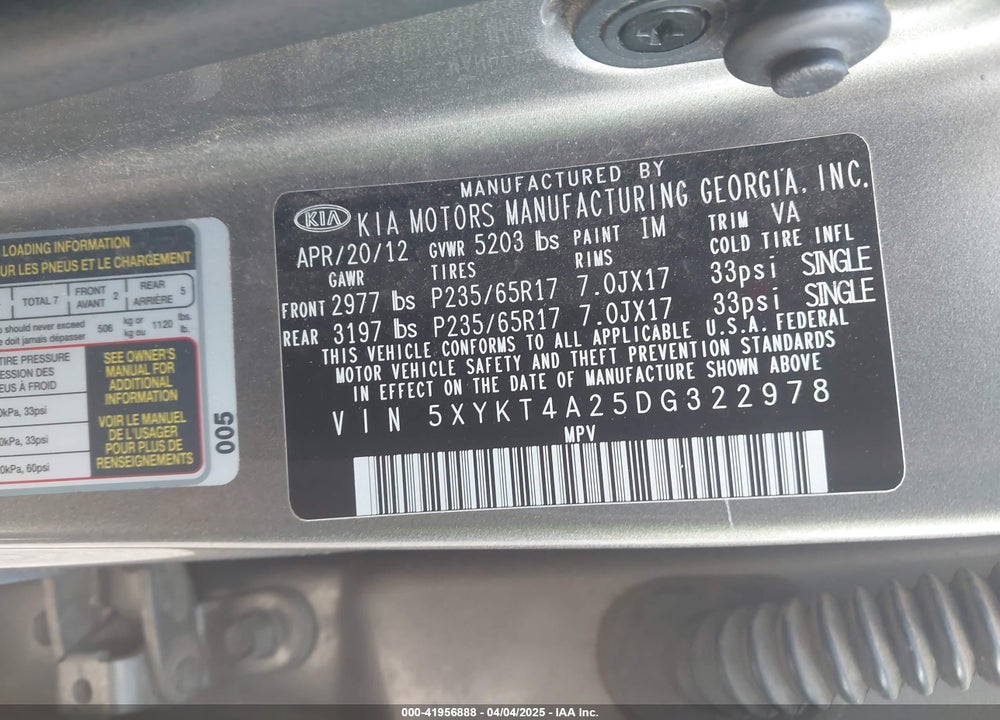 2013 KIA SORENTO VIN: 5XYKT4A25DG322978