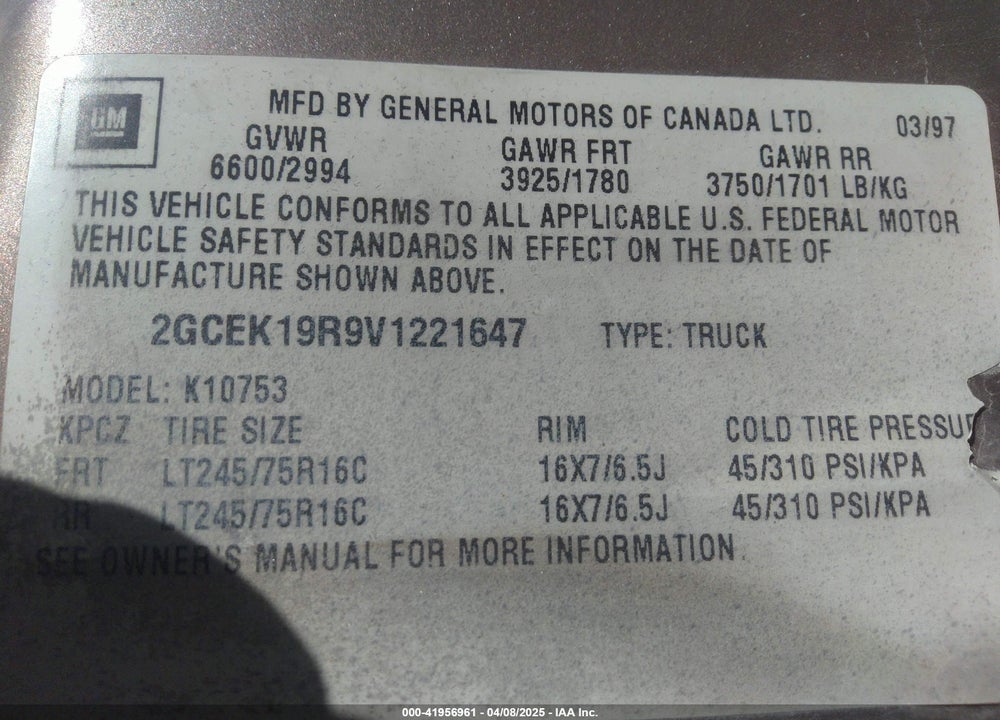 1997 CHEVROLET K1500 FLEETSIDE VIN: 2GCEK19R9V1221647