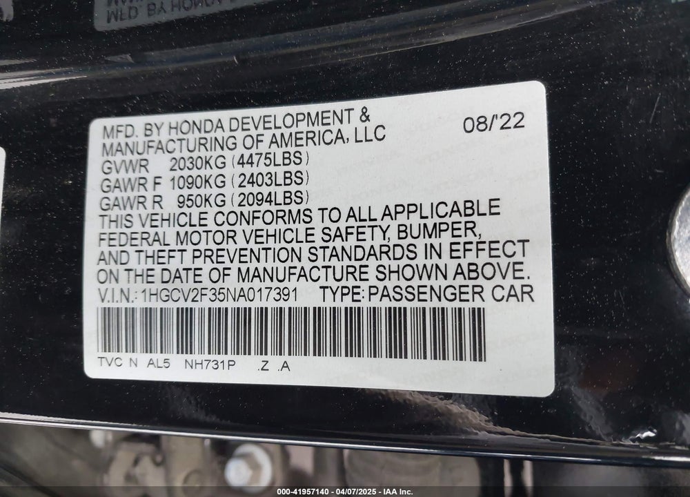 2022 HONDA ACCORD SPORT 2.0T VIN: 1HGCV2F35NA017391