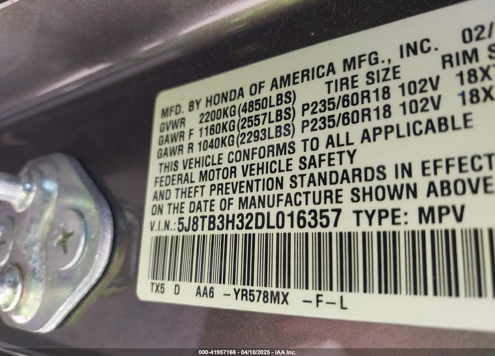 2013 ACURA RDX VIN: 5J8TB3H32DL016357