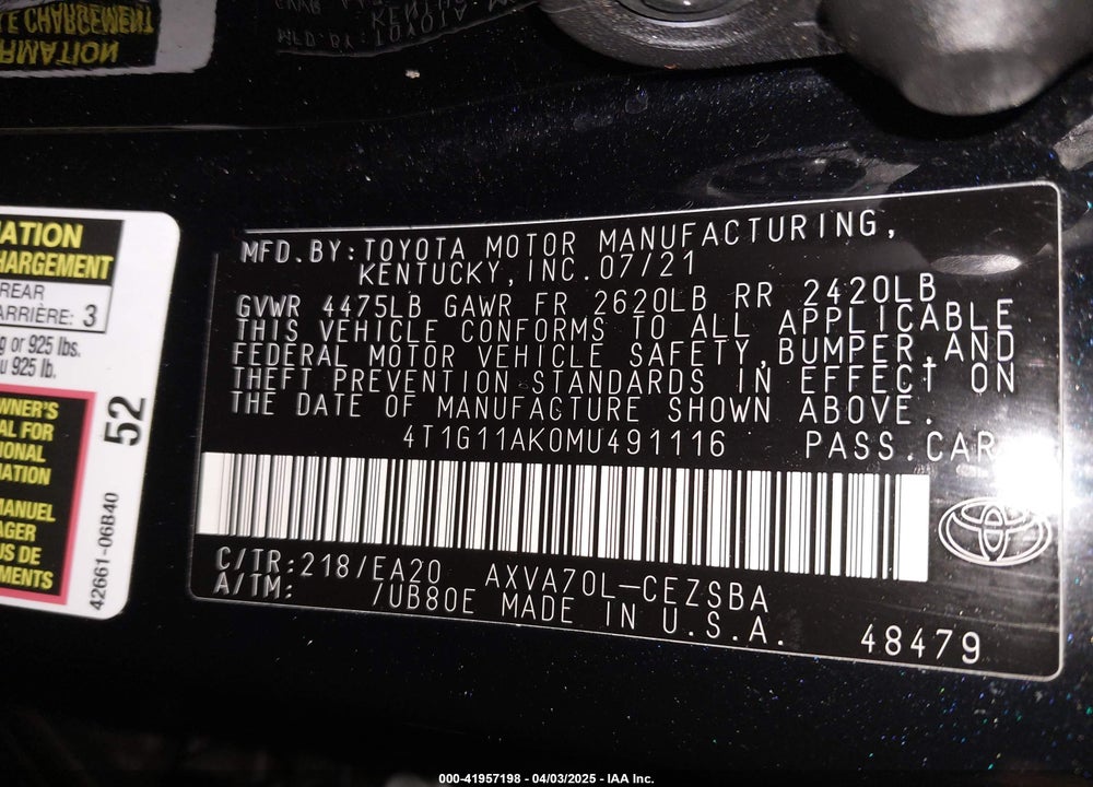 2021 TOYOTA CAMRY VIN: 4T1G11AK0MU491116
