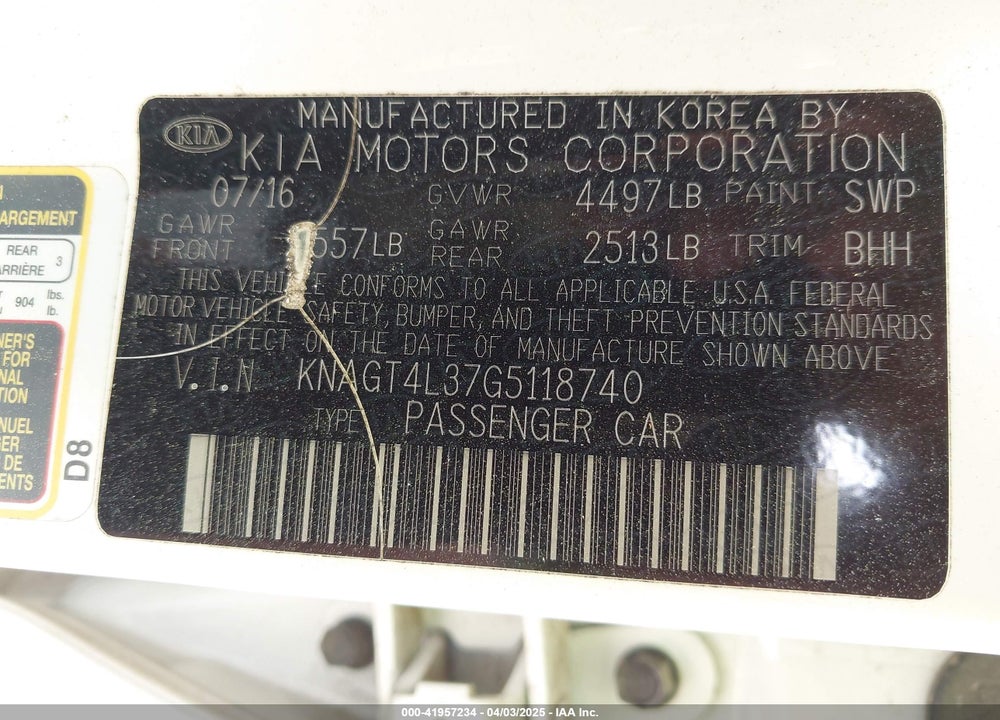 2016 KIA OPTIMA VIN: KNAGT4L37G5118740