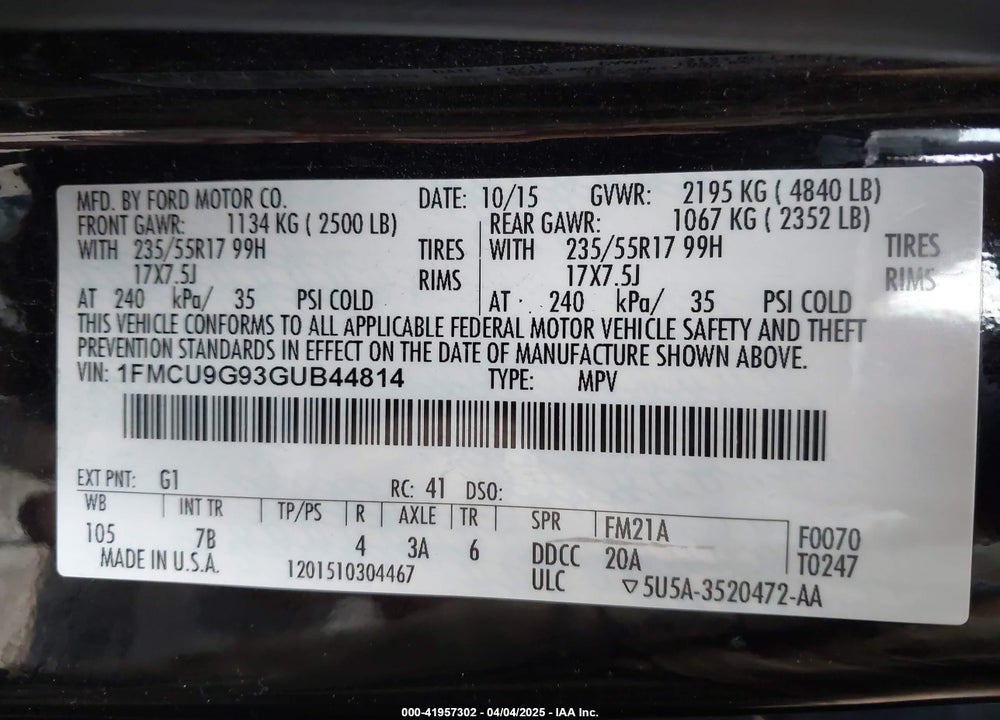 2016 FORD ESCAPE SE VIN: 1FMCU9G93GUB44814