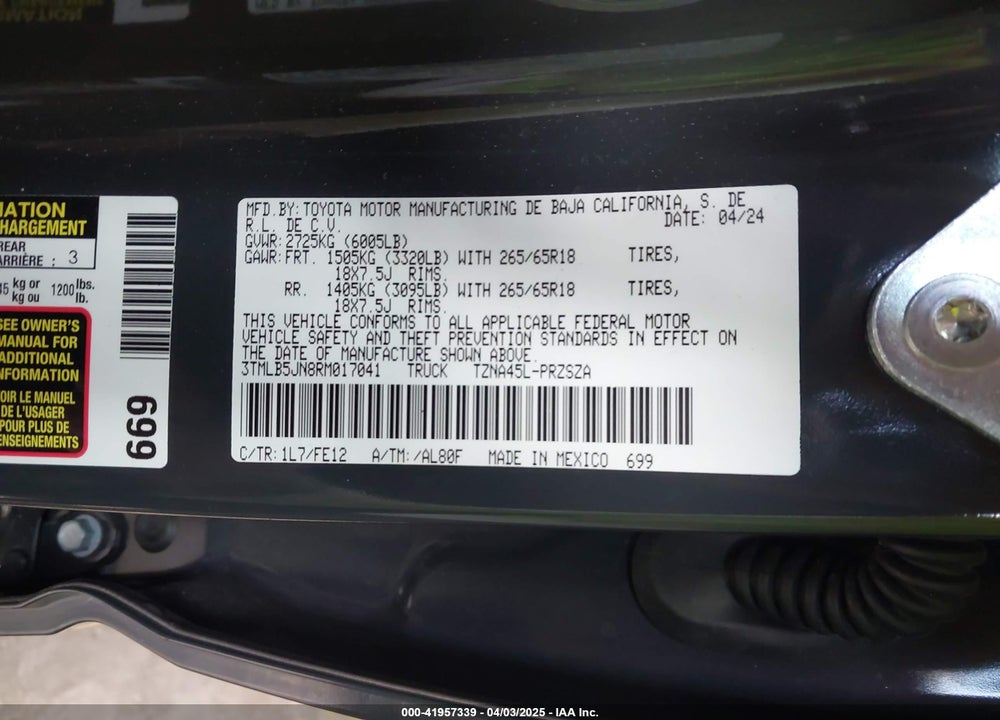2024 TOYOTA TACOMA TRD SPORT 4WD VIN: 3TMLB5JN8RM017041