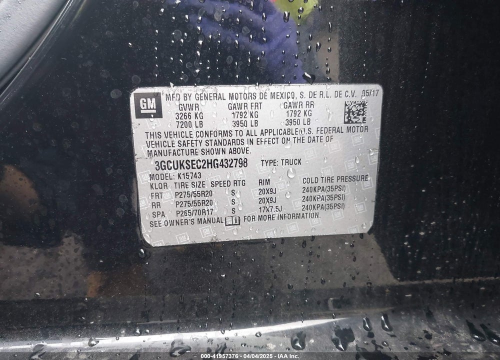 2017 CHEVROLET SILVERADO 1500 VIN: 3GCUKSEC2HG432798