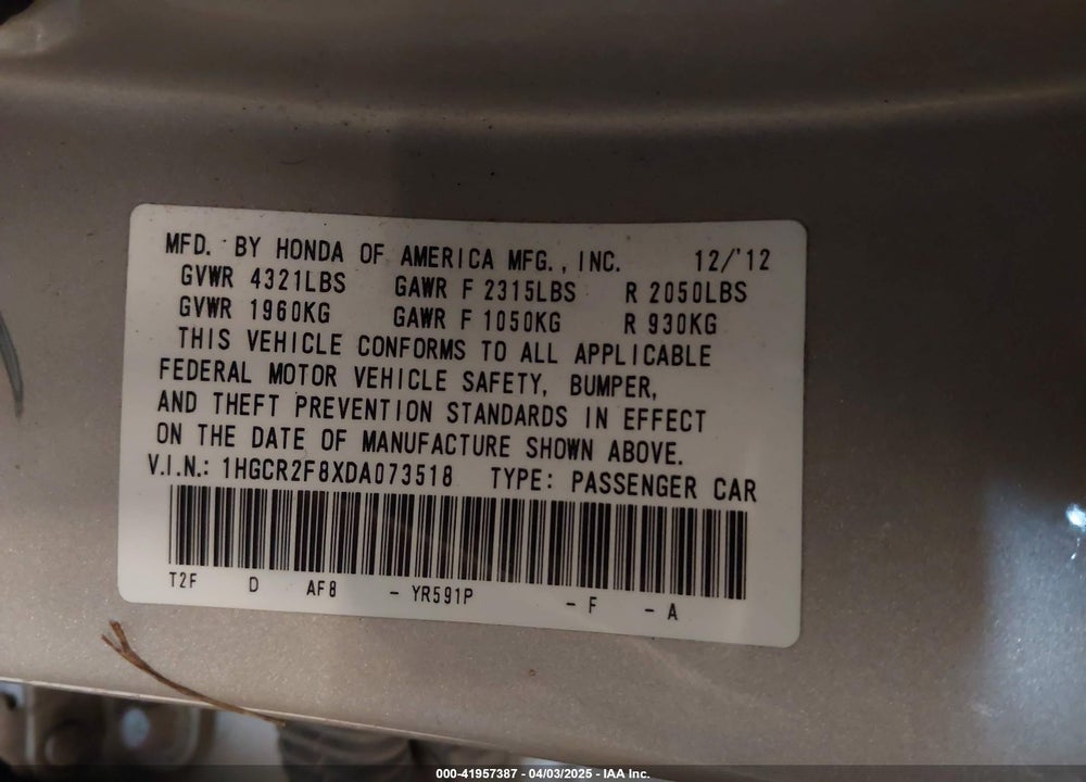 2013 HONDA ACCORD VIN: 1HGCR2F8XDA073518