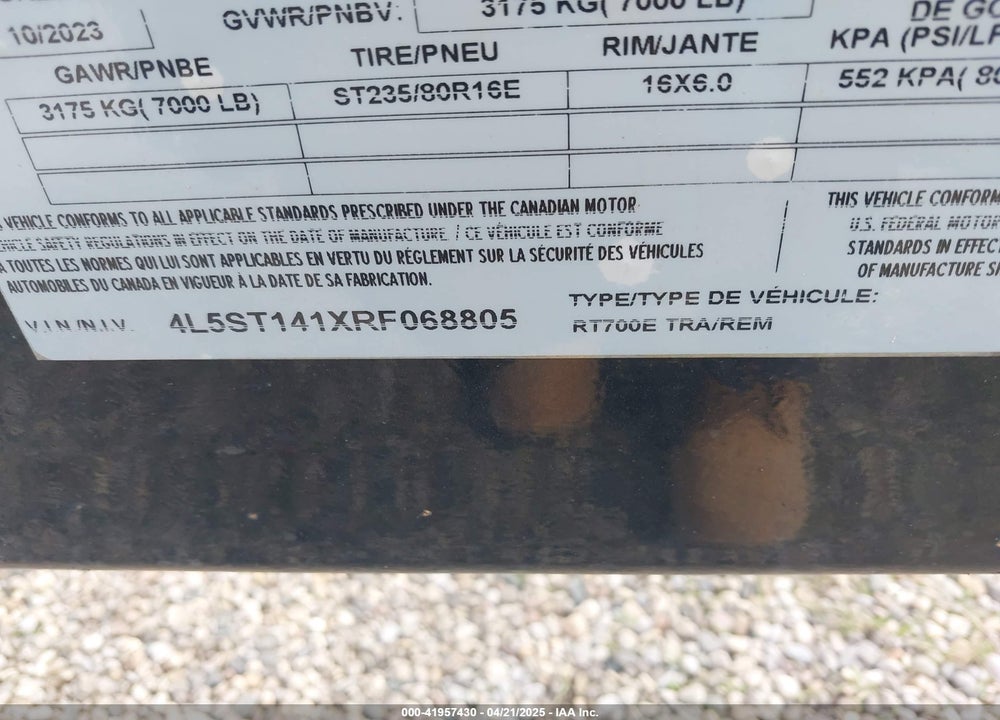 2023 BEHNKE TRAILER VIN: 4L5ST141XRF068805