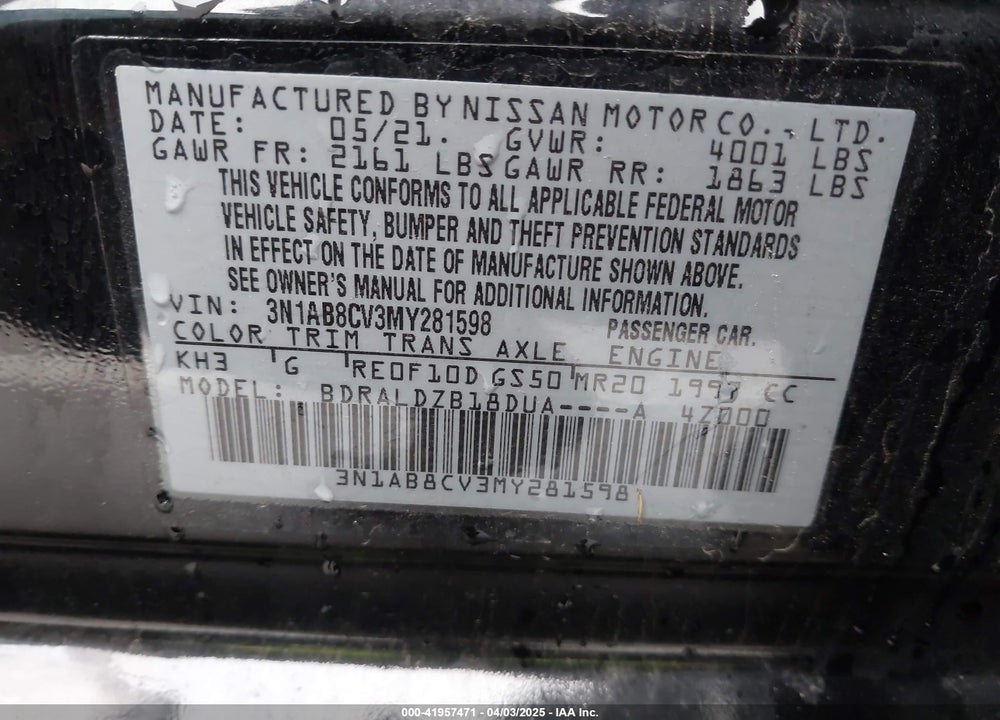 2021 NISSAN SENTRA SV XTRONIC CVT VIN: 3N1AB8CV3MY281598