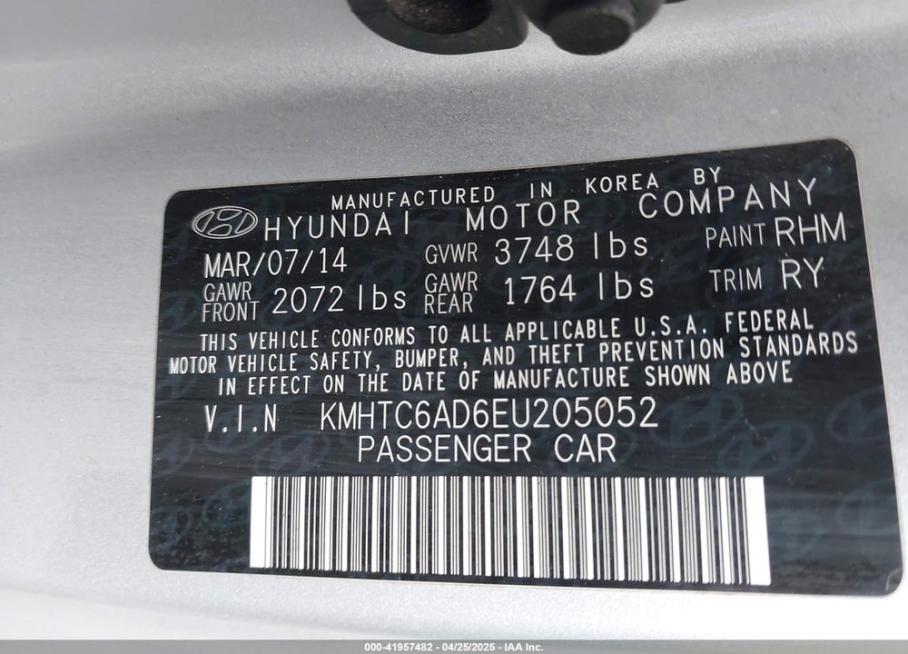 2014 HYUNDAI VELOSTER VIN: KMHTC6AD6EU205052