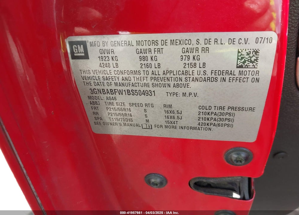 2011 CHEVROLET HHR VIN: 3GNBABFW1BS504931