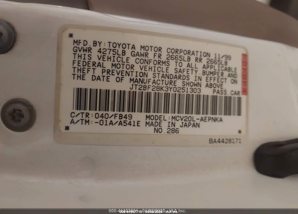 2000 TOYOTA CAMRY LE V6 VIN: JT2BF28K3Y0251303