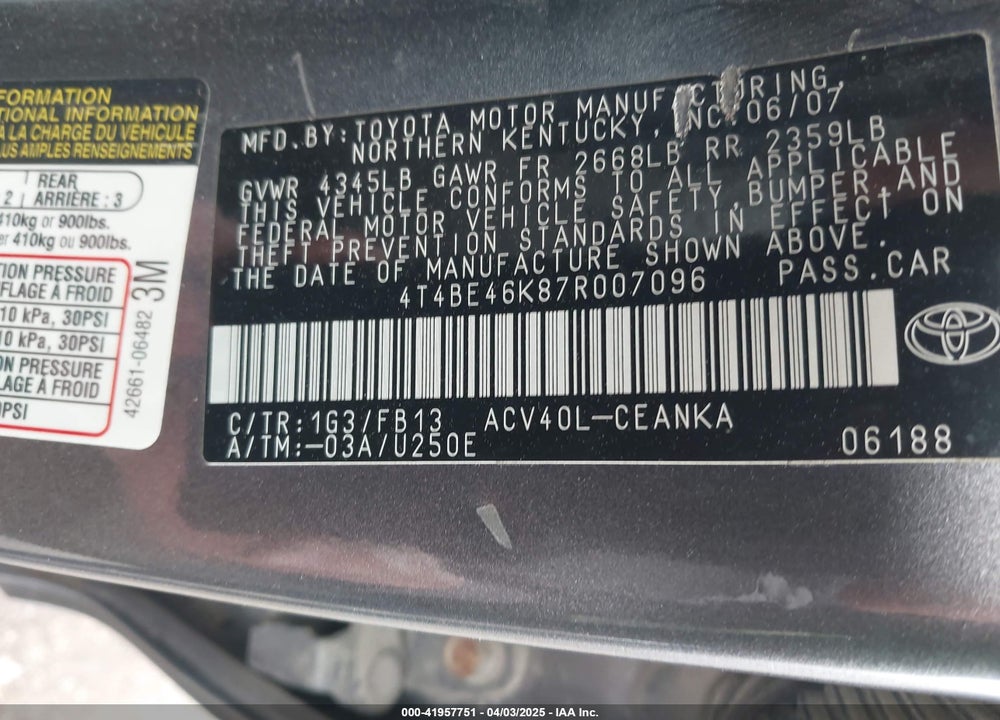 2007 TOYOTA CAMRY LE VIN: 4T4BE46K87R007096
