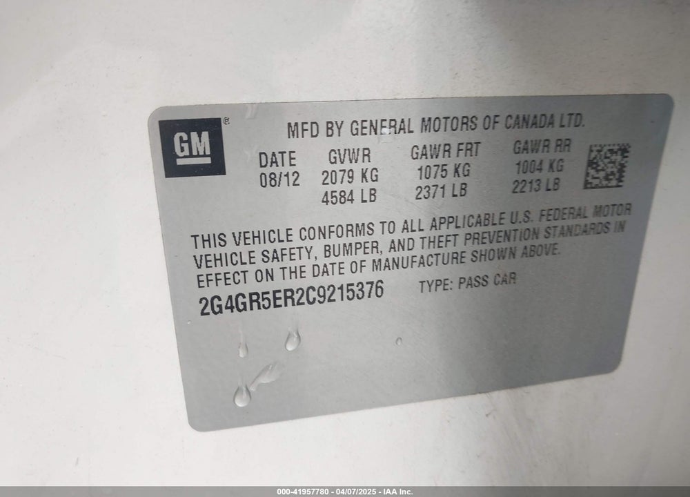 2012 BUICK REGAL VIN: 2G4GR5ER2C9215376