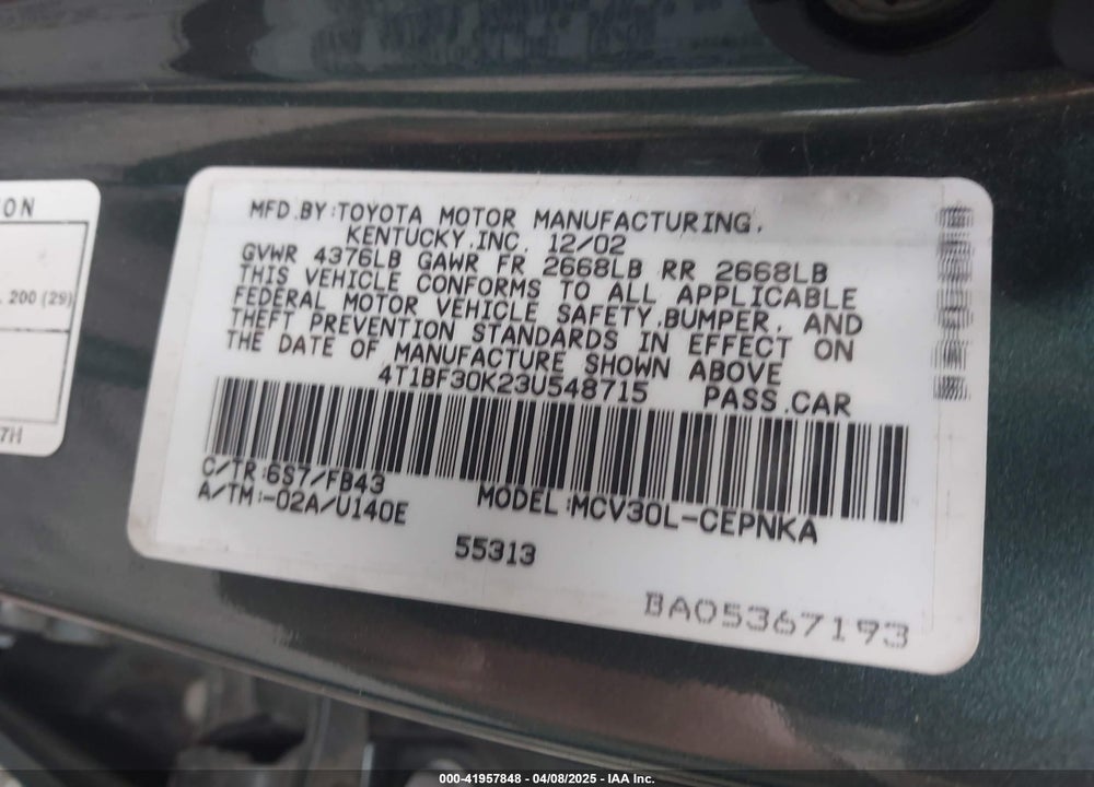 2003 TOYOTA CAMRY LE V6 VIN: 4T1BF30K23U548715