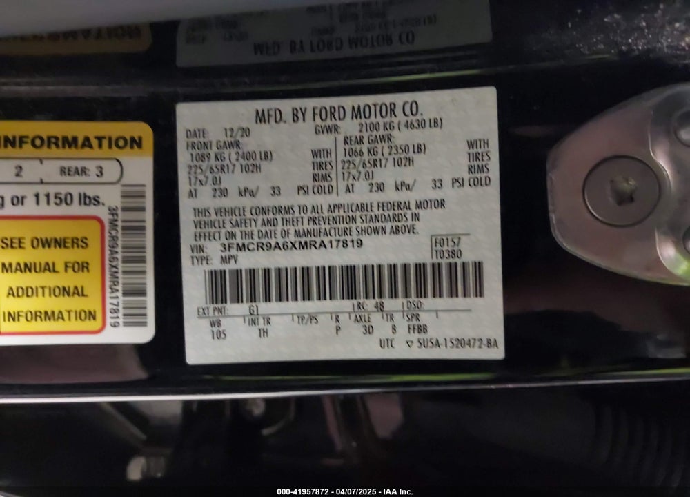 2021 FORD BRONCO SPORT VIN: 3FMCR9A6XMRA17819