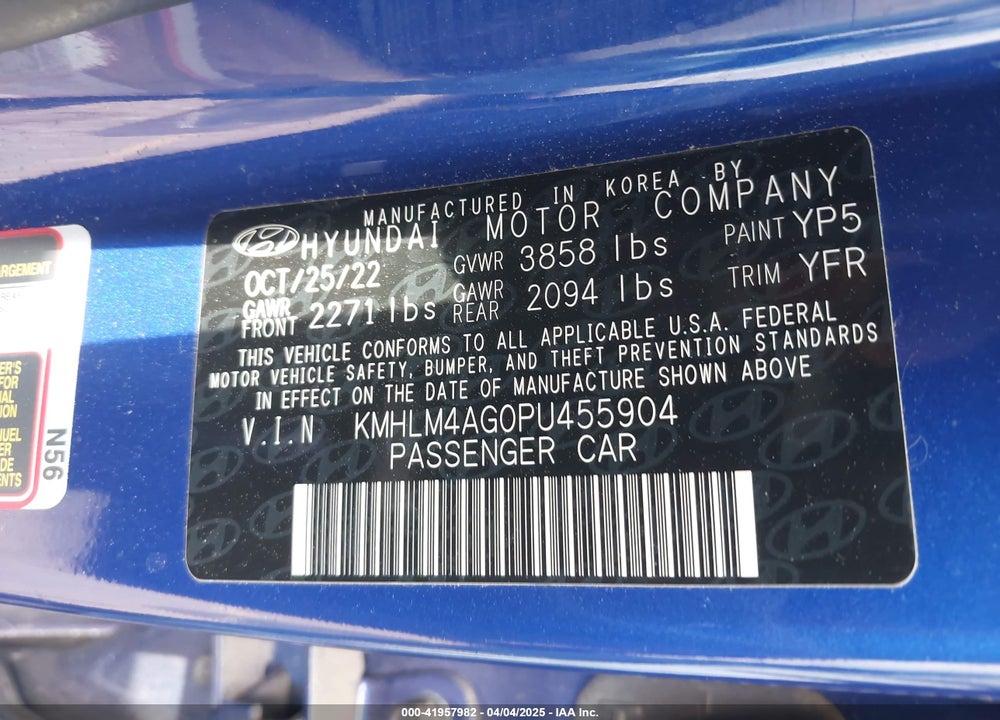 2023 HYUNDAI ELANTRA SEL VIN: KMHLM4AG0PU455904